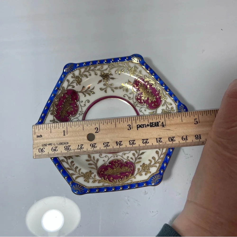 Japanese Ornate Gilt Porcelain Tea Cup & Saucer - Pink, Blue, Gold miniature